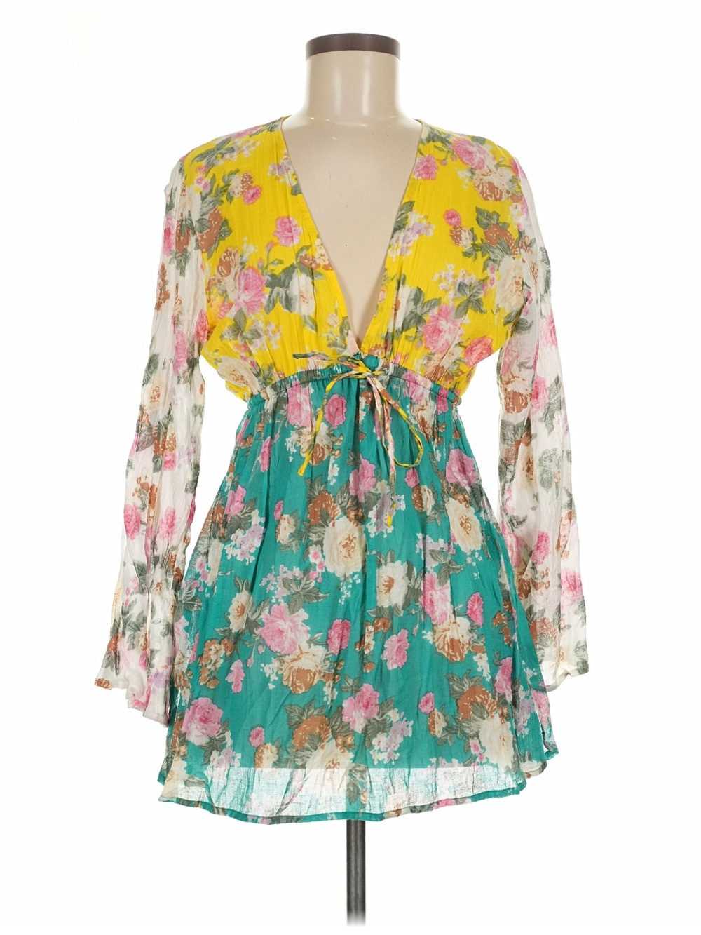 Bhags Boho M/L 100% Cotton Floral Tunic Long‎ Sheer Sleeve Yellow/Green Blouse